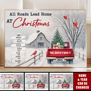 All Roads Lead Home At Christmas With Red Truck and Cardinal Birds, Personalized Horizontal Poster