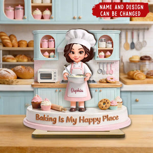 Baking Is My Happy Place - Personalized 2-Layered Wooden Plaque, Gift For Mom, Grandma