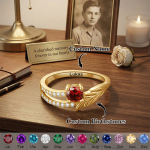 Forever in Our Hearts - Personalized Feather Birthstone Ring with Text
