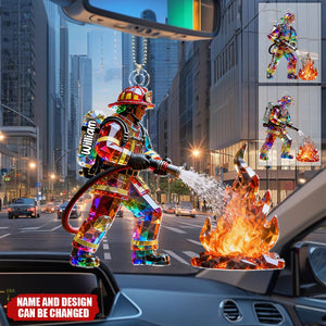 Firefighter Figurine Stained Glass Crystal Effect - Personalized Car Hanger