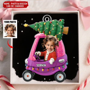 Custom Photo Christmas Kid In Car - Personalized Christmas Acrylic Ornament