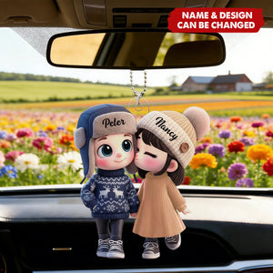 Personalized Acrylic Car Hanger Cute Cartoon Kissing Couple in Winter Hats