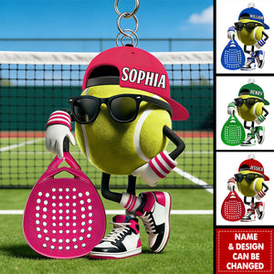 Personalized Padel Acrylic Keychain Cute Tennis Ball Character with Sunglasses and Cap