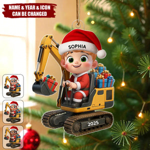 Cartoon Kid And Christmas Excavator Personalized Acrylic Ornament, Christmas Gift For Grandkids, Kids