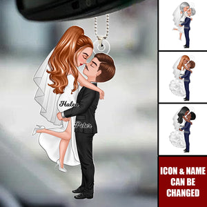 Groom & Bride Hugging Kissing Couple Acrylic Car Ornament, Anniversary Valentine Wedding Gift For Her For Him