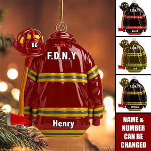 3D Effect Firefighter Coat, Helmet & Axe - Personalized Acrylic Ornament - Christmas Gift For Firefighter