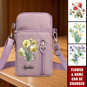 Birth Flower Personalized Arm Wallet Travel Pouch Phone Crossbody Bag