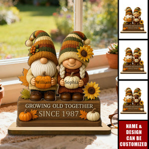 Growing Old Together, Gnome Couple With Sunflowers And Pumpkins - Personalized Standing Wooden Plaque
