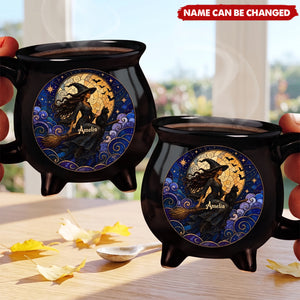 Custom Ceramic Cauldron Coffee Mug - Personalized Halloween Witchy Gifts For Wife, Daughter, Besties, Sisters, Granddaughter, Grandma, Mom, Yourself - Flying High In The Midnight Sky