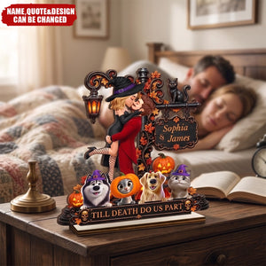 Custom 2-Layered Wooden Plaque - Personalized Halloween Decor Anniversary Wedding Gifts For Husband And Wife, Dog Cat Lovers - Spooky Hearts And Paws