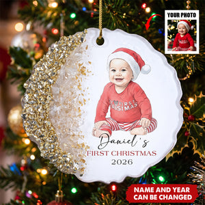 Baby First Christmas Custom Photo Watercolor Style Milestone Keepsake - Personalized Resin Ornament