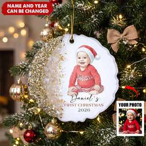 Baby First Christmas Custom Photo Watercolor Style Milestone Keepsake - Personalized Resin Ornament