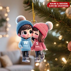 Cute Cartoon Couple Walking Personalized Acrylic Christmas Ornament