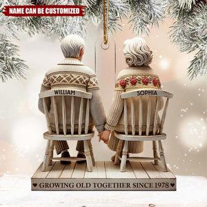 Old Couple Holding Hands Sitting Together - Personalized Acrylic Christmas Ornament, Gift For Couple