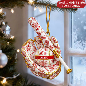 Baseball Toile de Jouy Christmas Acrylic Ornament - Personalized Gifts For Baseball Lovers