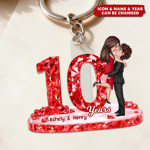 Couple Hugging Kissing Anniversary Date Crystal Effect - Personalized Acrylic Keychain - Sentimental Gift