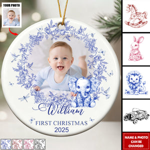 Baby's First Christmas For Baby Girl, Baby Boy Toile De Jouy - Personalized Ceramic Photo Ornament