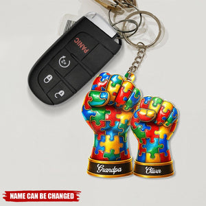 Colorful Puzzle Fist Dad And Kid Personalized Autism Awareness Keychain