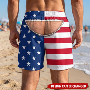 Custom Funny Patriotic Mens Swim Trunks - Personalized Birthday Gifts For Husband, Son, Grandson, Brother, Grandpa, Dad, Yourself - Fake It From Behind