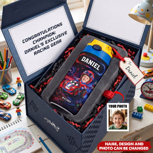 Custom Photo Kid Car Racing - Personalized Insulated Water Bottle With Straw