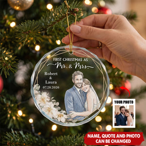Custom Photo Watercolor Art First Christmas As Mr & Mrs Couple Gifts - Personalized Ornament