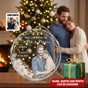 Custom Photo Watercolor Art First Christmas As Mr & Mrs Couple Gifts - Personalized Ornament