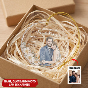 Custom Photo Watercolor Art First Christmas As Mr & Mrs Couple Gifts - Personalized Ornament
