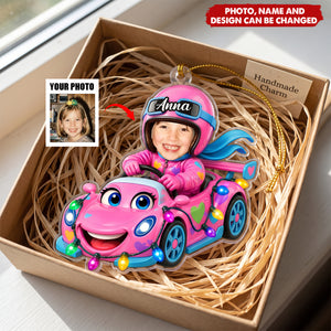 Custom Kid Funny Face Racing Car Christmas Gifts For Son, Daughter, Grandkids - Personalized Ornament