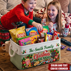 Christmas Movie Night Basket - Supplies Snack Storage Basket With Handles - Personalized Storage Basket