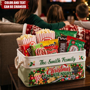 Christmas Movie Night Basket - Supplies Snack Storage Basket With Handles - Personalized Storage Basket