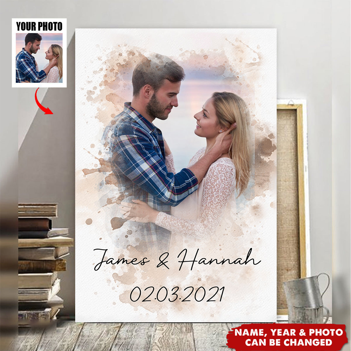 Watercolor Couple Portrait from Photo - Personalized Poster, Sweet Anniversary Gift