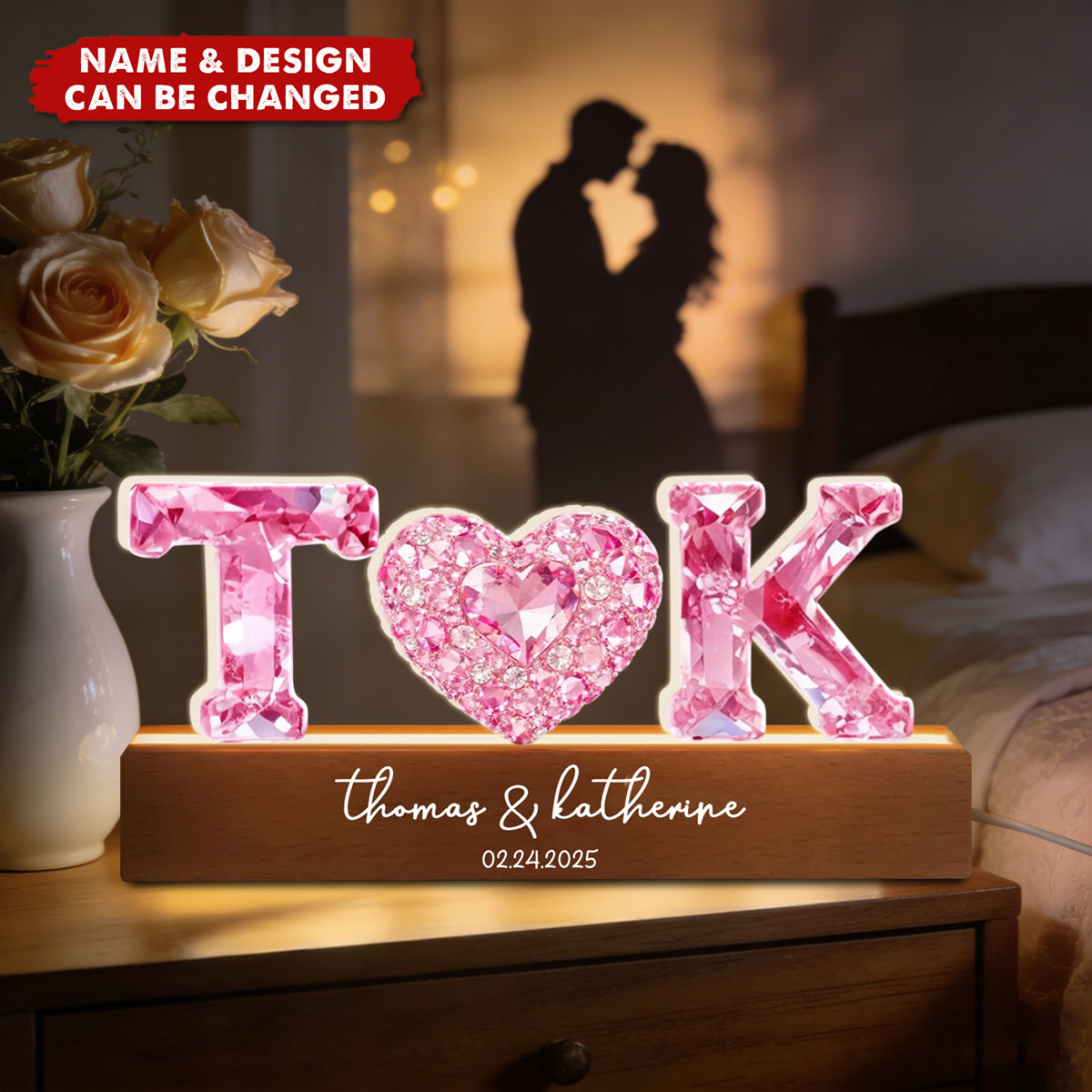 Couple Love Initial - Personalized Acrylic Block LED Night Light - Anniversary, Valentine's Day Gift for her, for him