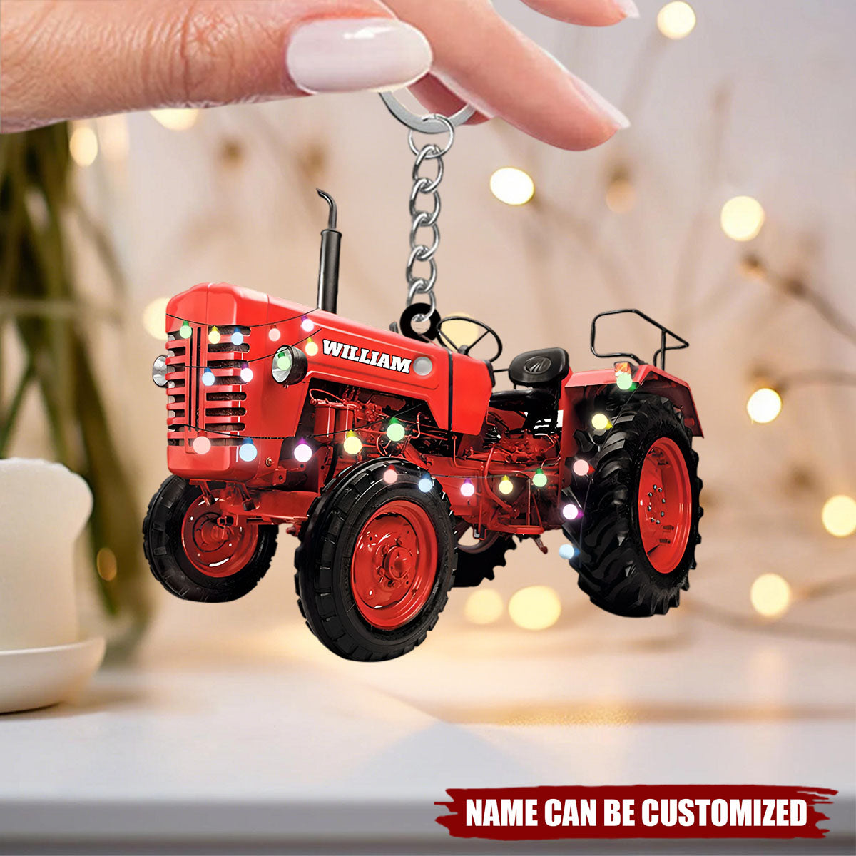 Farmer Tractor With Christmas Light Personalized Keychain