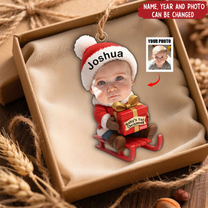 Baby Festive Cheer on a Sled - Personalized Christmas Acrylic Ornament