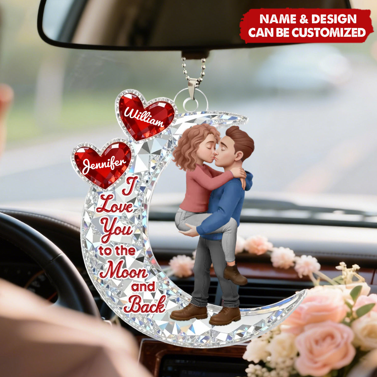 Couple Hug On Moon - Personalized Car Ornament, Gift For Couple, Gift For Him, For Her