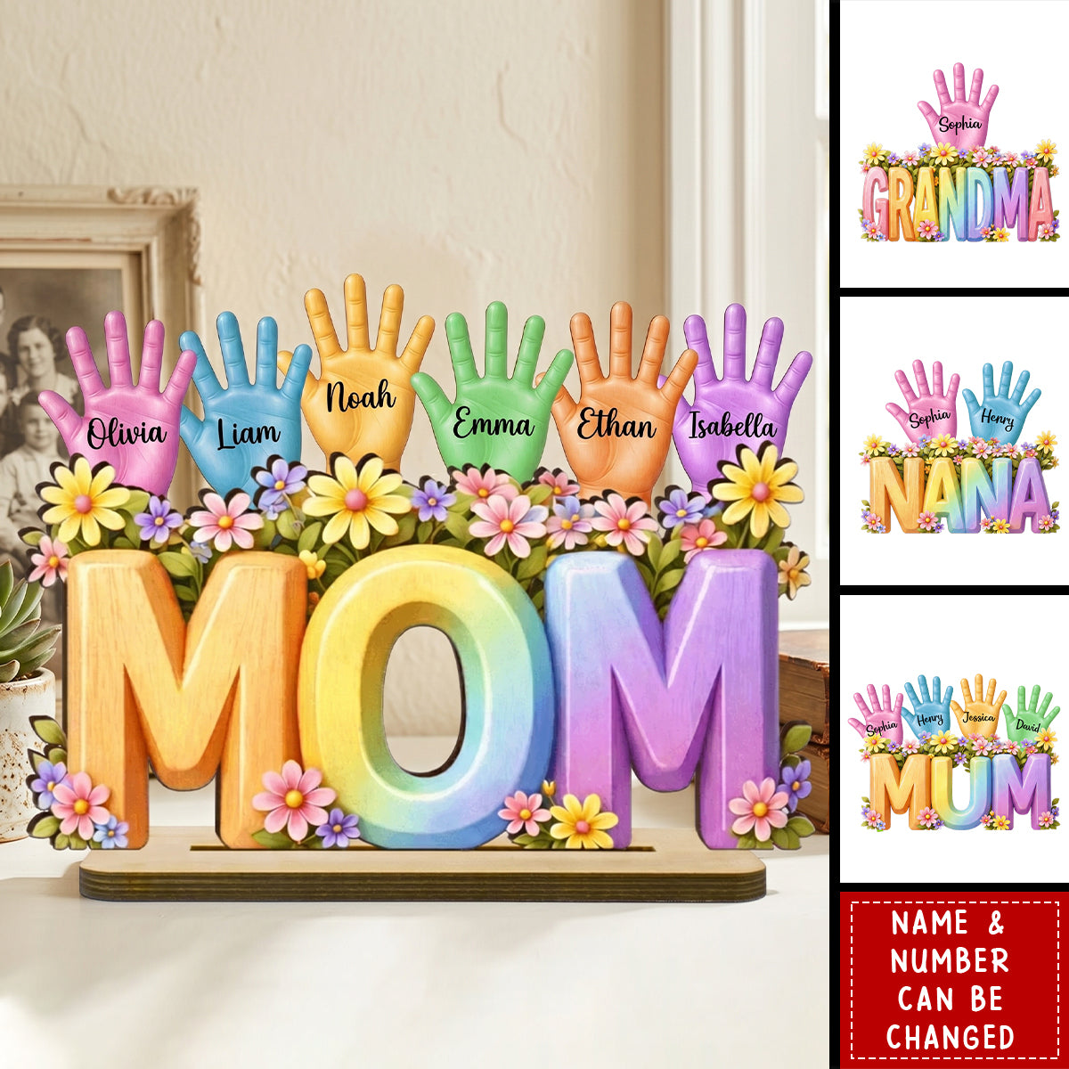 Personalized 2-Layer Wooden Plaque for Mom with Kids' Handprints and Names