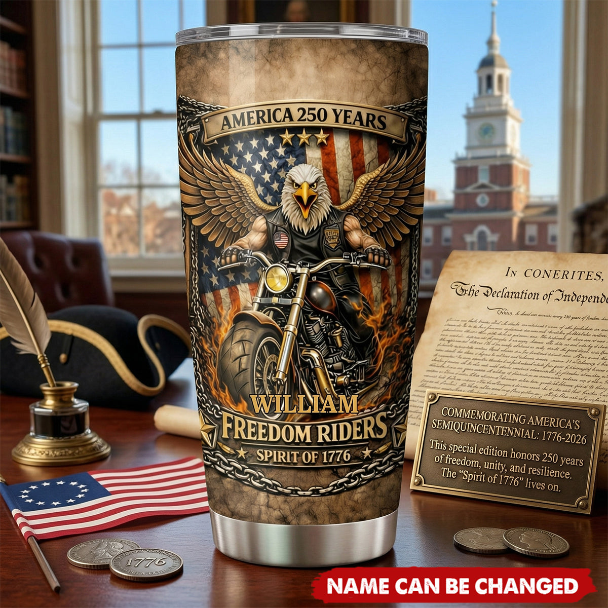 Personalized Freedom Riders Tumbler, American Eagle Biker Design, USA Patriotic Motorcycle Cup