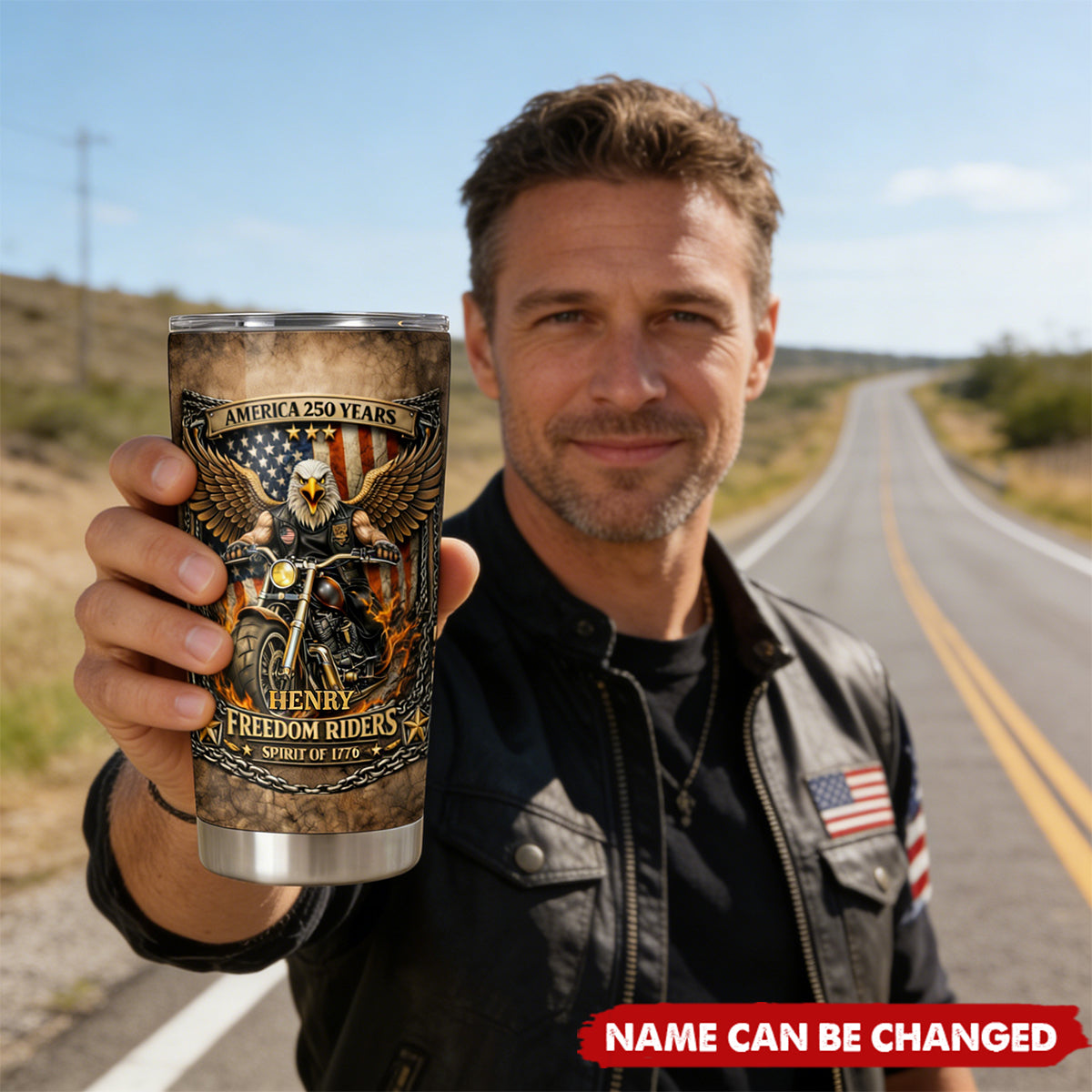 Personalized Freedom Riders Tumbler, American Eagle Biker Design, USA Patriotic Motorcycle Cup