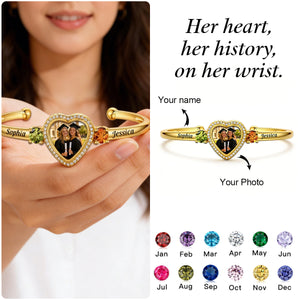 Customized Birthstone & Graduation Photo Heart Bracelet - Personalized Birthstones, Photo and Names