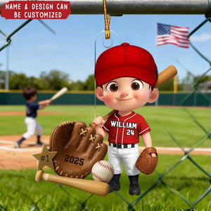 Baseball Player With Baseball Mitt Bat Ball - Personalized Acrylic Ornament, Gift For Kids, Grandkids
