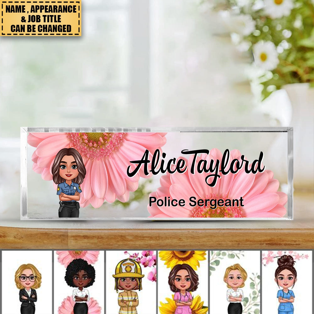 Daisy Flowers Woman Man Office Personalized Acrylic Desk Name Plate, Office Desk Decor, Gift For Colleagues, Coworkers, Boss, Nurses, Doctors, Healthcare Workers, Police, Firefighters