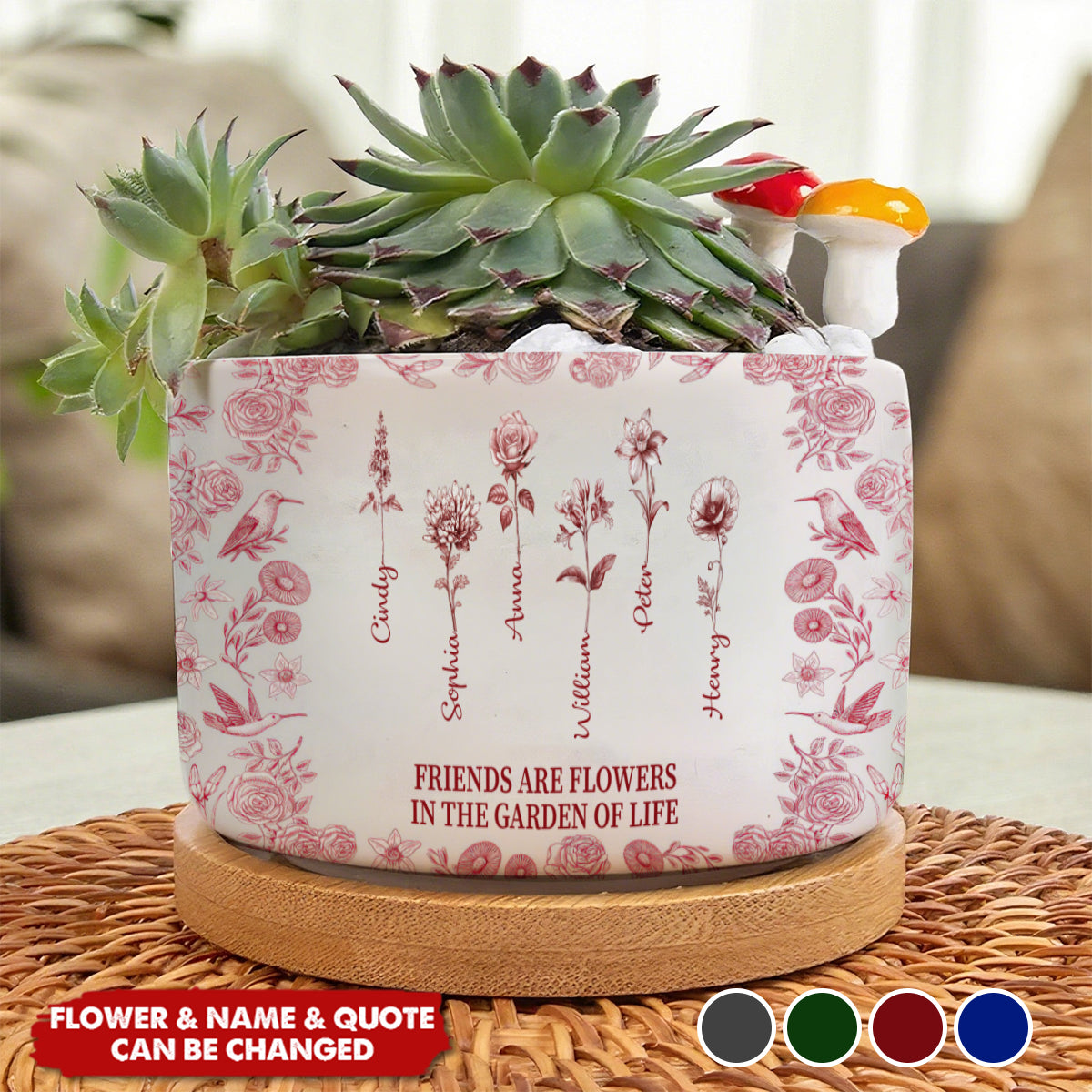 Toile De Jouy Birth Flower Grow An Old Friend - Personalized Ceramic Plant Pot