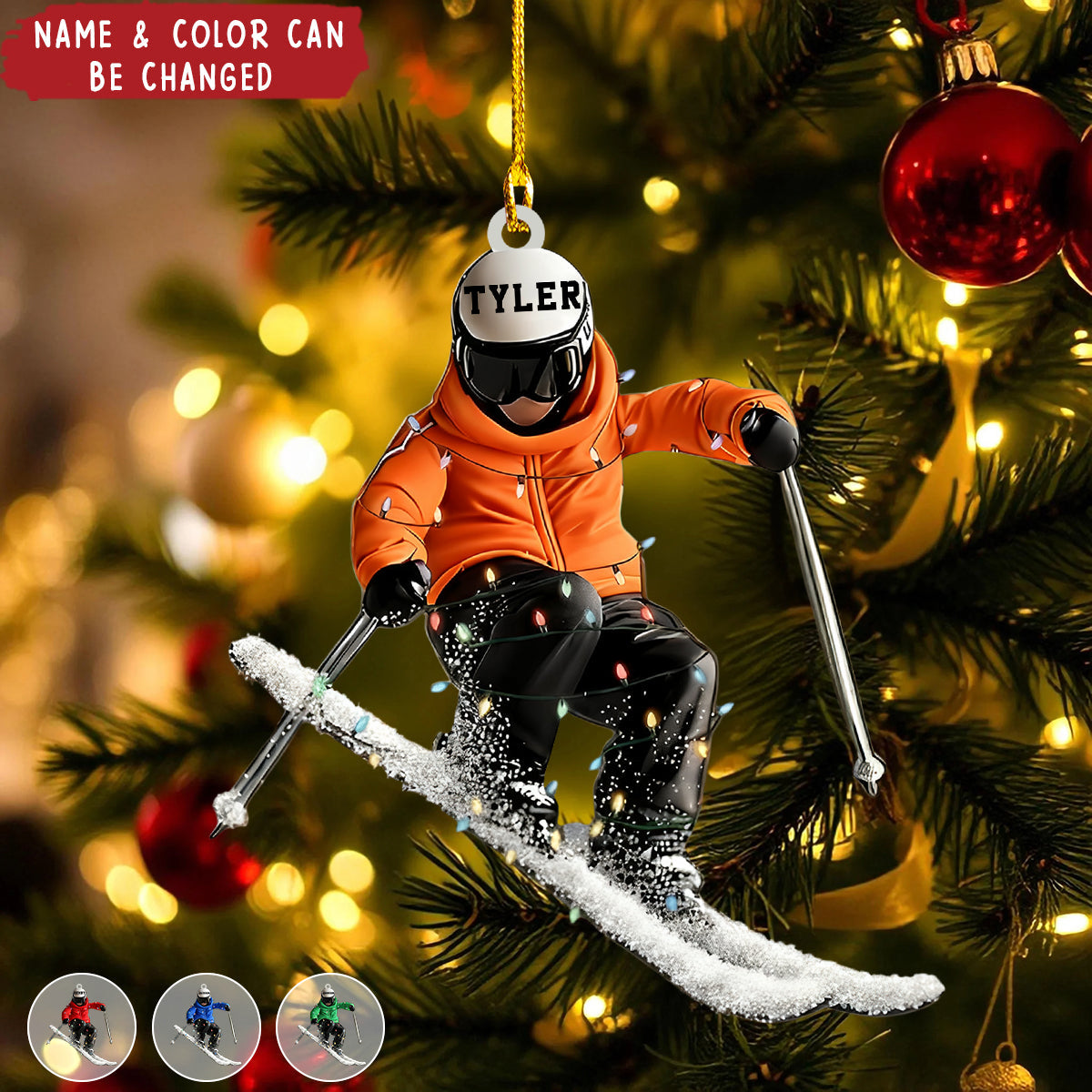 Funny Skiing Personalized Name Shaped Acrylic Ornament - Gift For Skiing Lovers