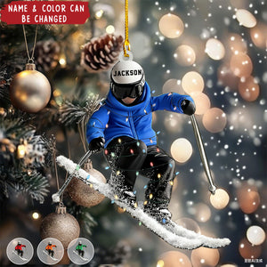 Funny Skiing Personalized Name Shaped Acrylic Ornament - Gift For Skiing Lovers