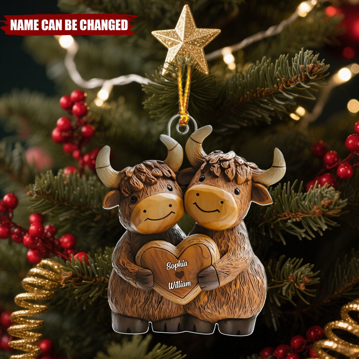 Highland Cowl Couple - Personalized Christmas Acrylic Ornament
