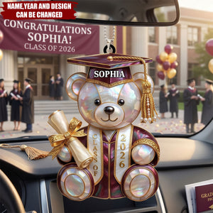 Class Of Graduation Bear - Personalized Wood Car Hanger, Gift For Students
