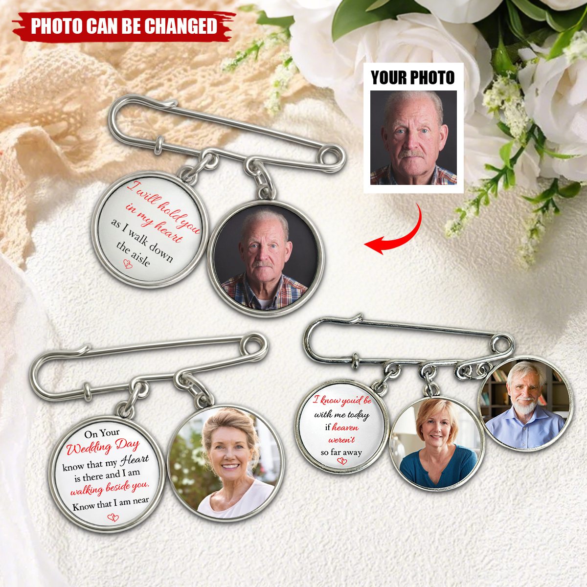Memorial Custom Photo Gift For Bride Groom On Wedding Day - Personalized Lapel Pin With Charms