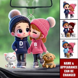 3D Cute Cartoon Couple You Me And The Dog Cat Personalized Acrylic Ornament, Valentine's Day Gift for Him, Gift for Her