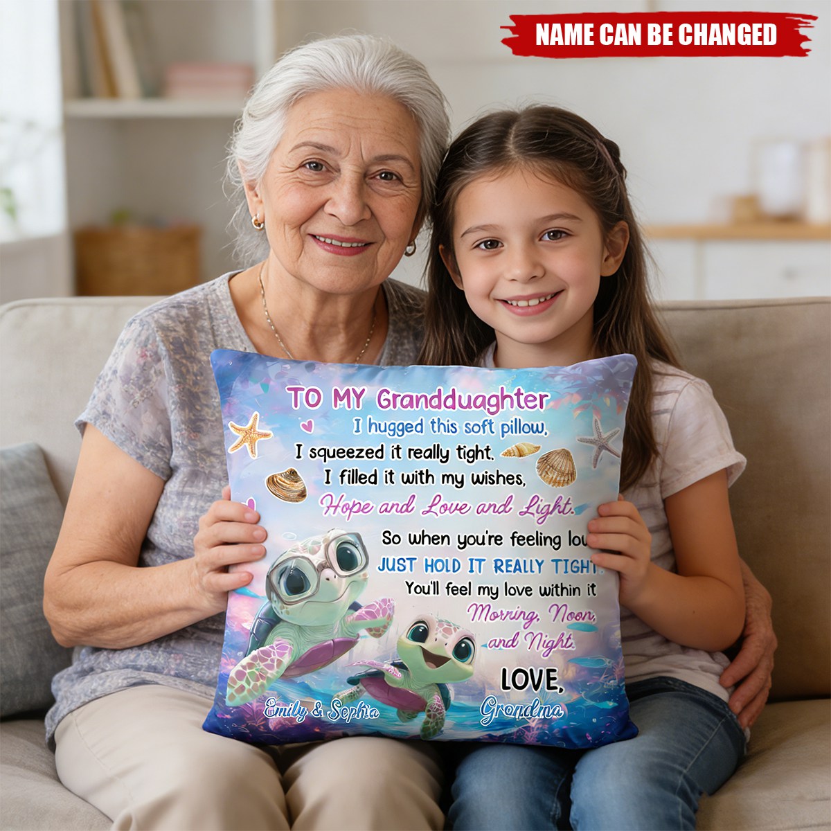 To My Granddaughter, Hugged This Soft Pillow, Turtles And Sea Shells, Custom Pillow
