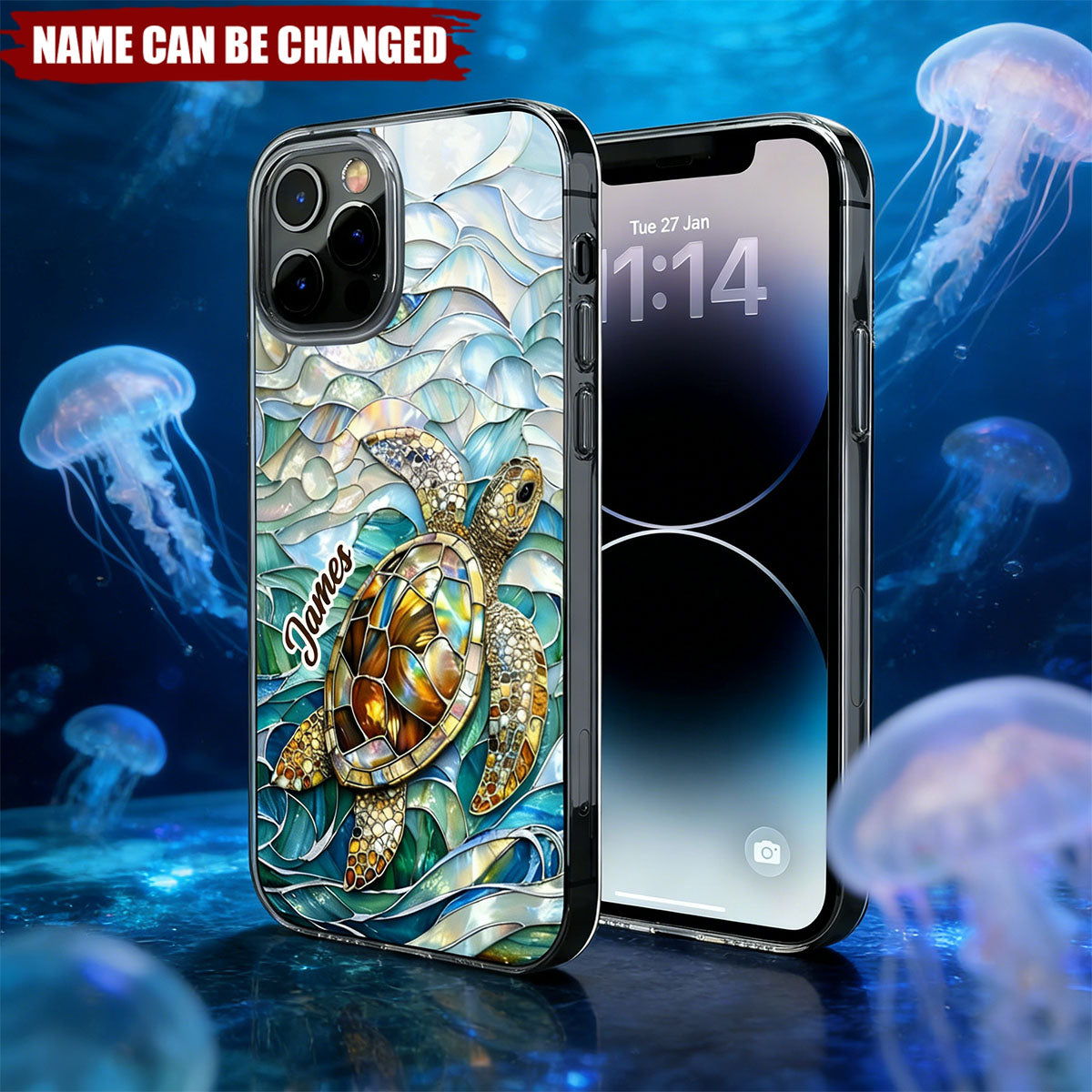 Sea Turtle Swimming In Stained Glass Waves - Personalized Full Print Phone Case